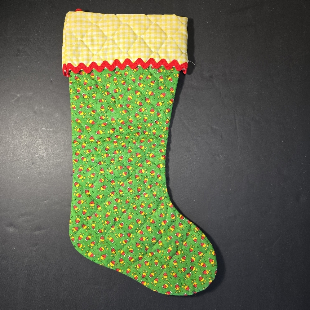 Quilted Christmas Stocking Vintage Country Calico Critters Rick Rack Trim Green